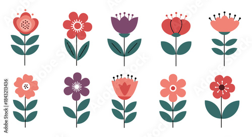Set of ten stylized folk art flowers in various red, pink, and purple hues with green leaves, arranged in two rows on a white background.