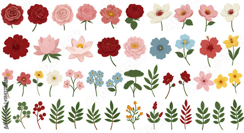 A diverse collection of colorful flowers and green leaves in various styles and arrangements, perfect for botanical designs.