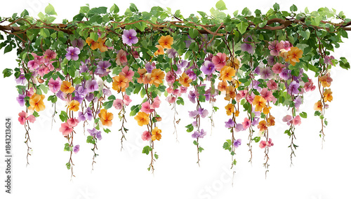 A vibrant flower arrangement hanging from the ceiling in a restaurant, with a mix of colorful flowers and greenery, creating a lively and inviting atmosphere.