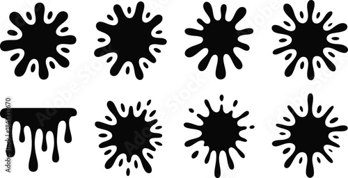 Eight different black ink splashes and dripping paint stains on a bright white background