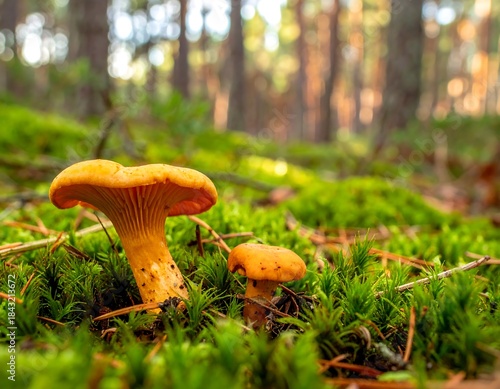 Close-up of two vibrant orange mushrooms growing amidst lush green moss in a sunlit forest