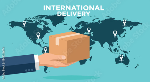 A hand in a business suit holding a cardboard box against a world map with location markers on a teal background with international delivery text.