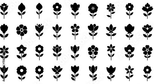 A collection of black silhouette flower icons, showcasing various stylized floral designs and plant shapes in a grid.