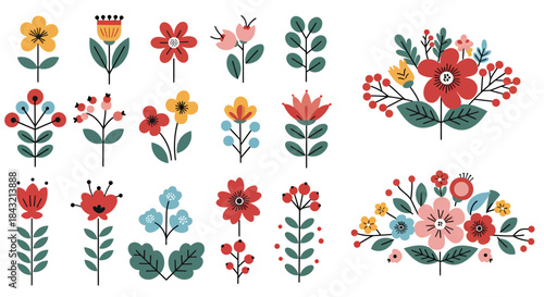 Collection of colorful folk art style flowers and floral bouquets with simple geometric designs on a white background.