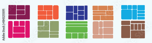 set of colorful Bento style layout grid templates. Colorful trendy geometric brick layout collection. Pictures collages with trendy Y2