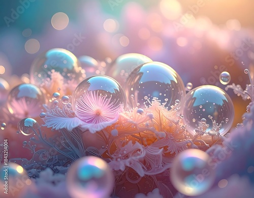 Dreamy ethereal scene with iridescent bubbles and soft pink florals