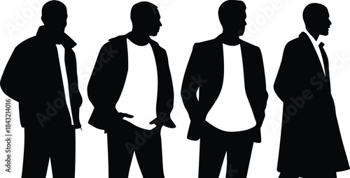 Silhouettes of four different men standing facing right with distinct outfits