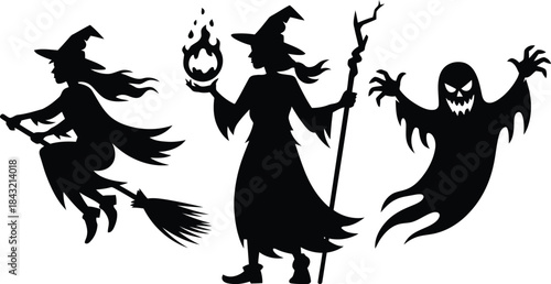 Spooky black silhouettes depict a witch on a broom, a witch with a flaming orb, and a scary ghost