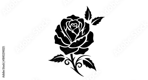 Elegant black silhouette of a single blooming rose with leaves and decorative stem on a white background.