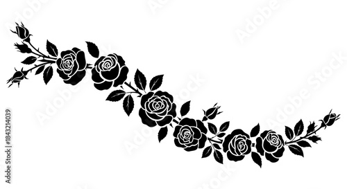 Black silhouette of a curved rose garland with blooming flowers and buds, forming an elegant floral border or decorative element.