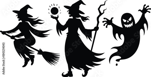 Spooky black silhouettes depict a witch on a broomstick, a witch with a glowing orb, and a scary ghost