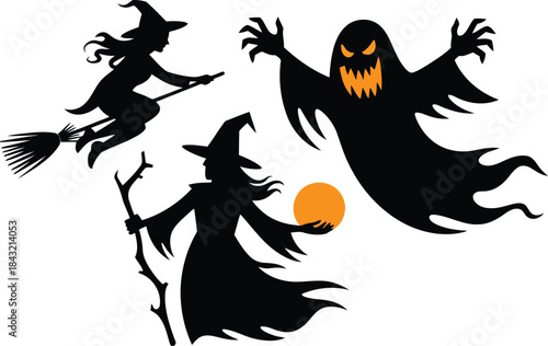 Spooky Halloween night scene with a flying witch, standing witch, and a scary ghost figure