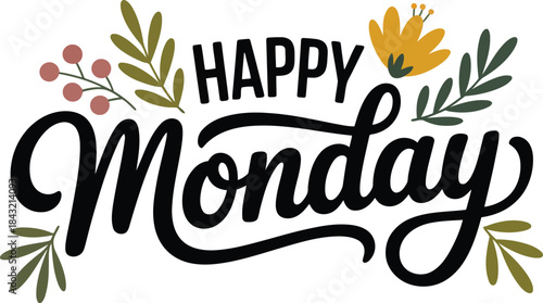 Stylized Happy Monday greeting featuring green foliage and colorful berries for a positive beginning