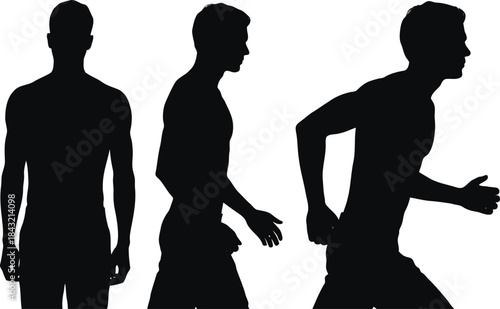 Three black silhouettes of a fit male figure showing standing, walking, and running poses
