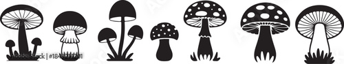Mushroom illustration silhouette isolated on white. Cartoon mushroom illustrations, black and white fungi drawing. simple mushroom sketch set, cute mushroom vector, hand drawn mushroom art.