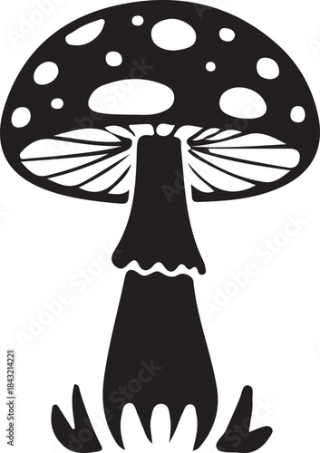 Magic mushroom nature vector silhouette black line contour drawing with fungi. Mushroom illustration silhouette isolated on white. Cartoon mushroom illustrations, black and white fungi drawing. 