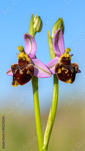 Close-up of two vibrant orchid flowers, exhibiting intricate textures and details, against a clear sky