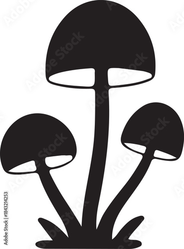 Mushroom illustration silhouette isolated on white. Cartoon mushroom illustrations, black and white fungi drawing. Simple mushroom sketch, cute mushroom vector, hand drawn mushroom art.