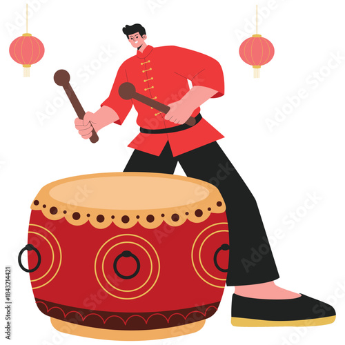 Chinese Culture Illustration. Vector illustration of Man playing traditional drum for Lunar New Year festival ceremony with lanterns. Isolated on background