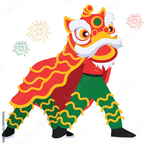 Chinese Culture Illustration. Vector illustration of Colorful lion dance performance with fireworks for Chinese New Year celebration. Isolated on background