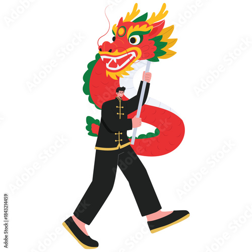 Chinese Culture Illustration. Vector illustration of Chinese New Year dragon dance performer carrying a colorful dragon head for a festive parade. Isolated on background