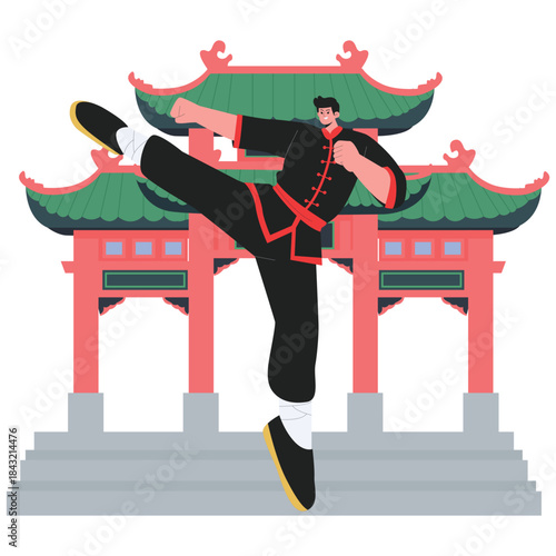 Chinese Culture Illustration. Vector illustration of Martial artist performing a kung fu high kick in front of a traditional Chinese temple gate. Isolated on background