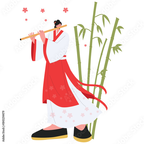 Chinese Culture Illustration. Vector illustration of Woman in hanfu playing a bamboo flute with blossoms and bamboo background, inspired by Chinese culture. Isolated on background