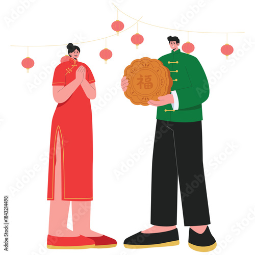 Chinese Culture Illustration. Vector illustration of Couple exchanging a mooncake gift under lanterns for Mid-Autumn Festival celebration. Isolated on background