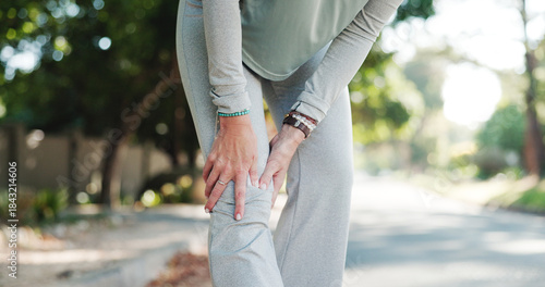 Fotografie Senior woman, hands and fitness with knee pain for injury, accident or emergency in road