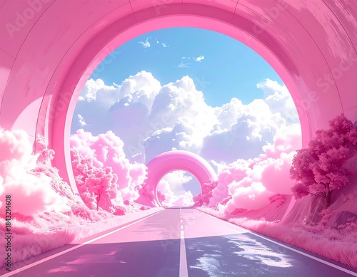 Dreamy pink tunnel leads to sky with clouds and trees
