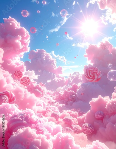 Dreamy pink cloudscape with sweets, bubbles, and bright sunny sky