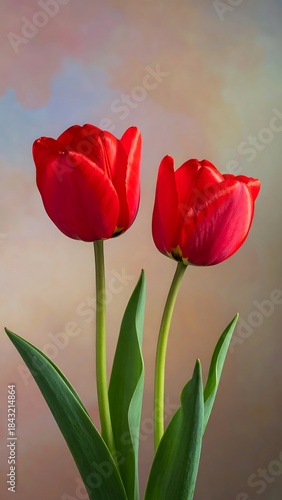 Close-up of two vibrant red tulips in full bloom against a soft, colorful background