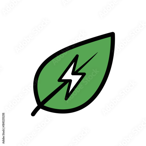 Green leaf with a white lightning bolt symbol inside representing eco-friendly energy isolated on white background, Vector