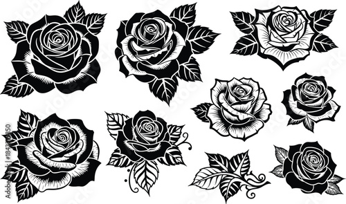 Black and white rose vector set with bold outlines, floral tattoo style, decorative petals, leaf swirls, and vintage elegance