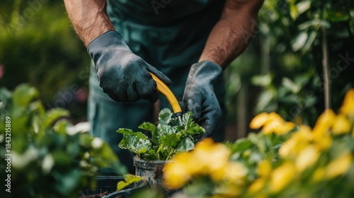 Fototapeta Naklejka Na Ścianę i Meble -  A person wearing gloves is gardening in a lush, green garden with yellow flowers.