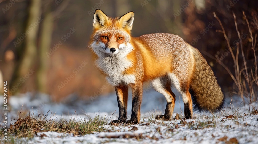 Fototapeta premium A red fox standing in a snowy forest with a blurred background.