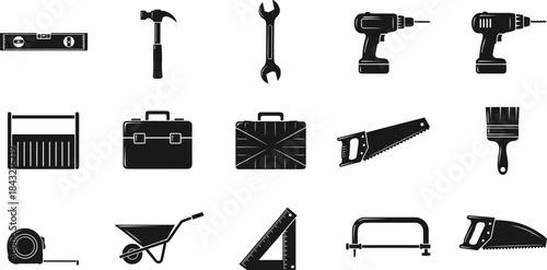 Construction tool vector set with hammer, drill, saw, toolbox, paintbrush, clamp, wheelbarrow, silhouette icons for DIY and repair