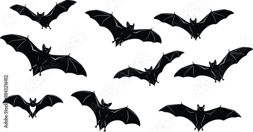 Flying cartoon bats silhouette set isolated on white background for Halloween spooky night horror theme vector illustration design collection