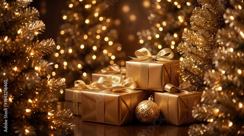 A collection of elegantly wrapped golden Christmas gifts with bows sits among sparkling, illuminated Christmas trees, evoking a luxurious and festive holiday spirit. Generative AI.