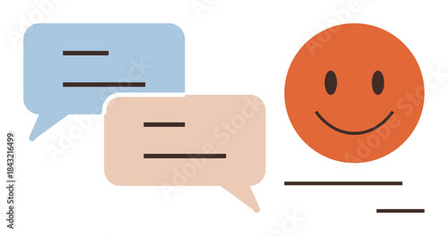 Two speech bubbles and a bright orange happy face symbolize communication, dialogue, feedback, and positivity. Ideal for messaging, teamwork, customer interaction, community building, discussion