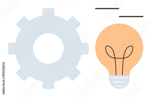 Gear alongside glowing light bulb with minimalistic lines evokes creativity, innovation, teamwork, and solution finding. Ideal for technology, business strategy, engineering, design, productivity