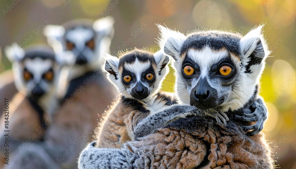 Fototapeta premium Close-up of ring-tailed lemur mother cuddling baby, other lemurs blurry in background