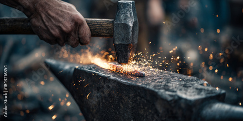 Blacksmith hammering hot metal on an anvil with sparks flying in workshop setting