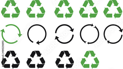 Collection of recycling icons and circular arrow symbols in various styles, representing sustainability, eco-friendly concepts, reuse, cycle processes, and environmental awareness