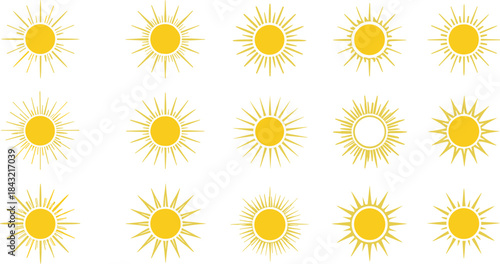 Collection of decorative sunburst icons featuring radiant sunshine designs with various rays, minimal and ornate styles, perfect for summer themes, logos, and celestial illustrations