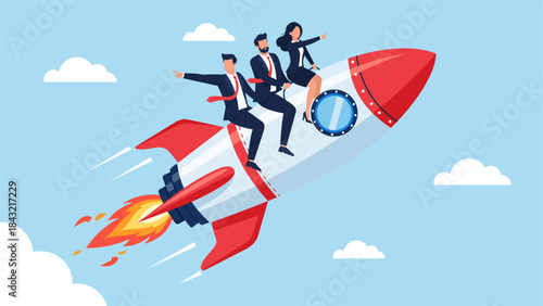 Startup Growth Concept. Team Launching on a Rocket. Vector Illustration