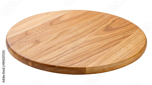 Polished round wooden cutting board with natural grain texture, clean and empty, isolated on transparent background