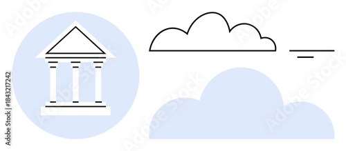 Cloud computing concept. Cloud symbols and a government building icon digital transformation. Cloud computing in public sectors, technology integration. Ideal for governance, digital services