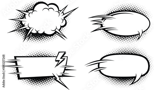 Comic speech bubble vector set featuring dynamic halftone effects, action-style frames, empty dialogue shapes, and expressive elements for cartoons, comics, and graphic storytelling