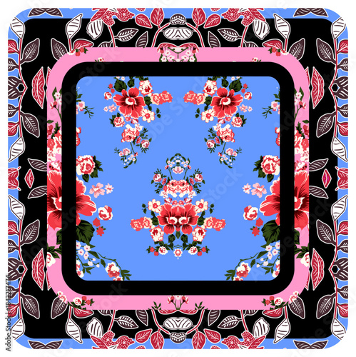Modern indonesian batik. modern indonesian batik pattern vector.
Vibrant Floral Square with Layered Borders and Symmetrical Motifs